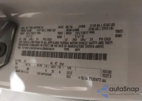 2017 Ford Escape Se из США, поврежденный, VIN 1FMCU9GD4HUB90433